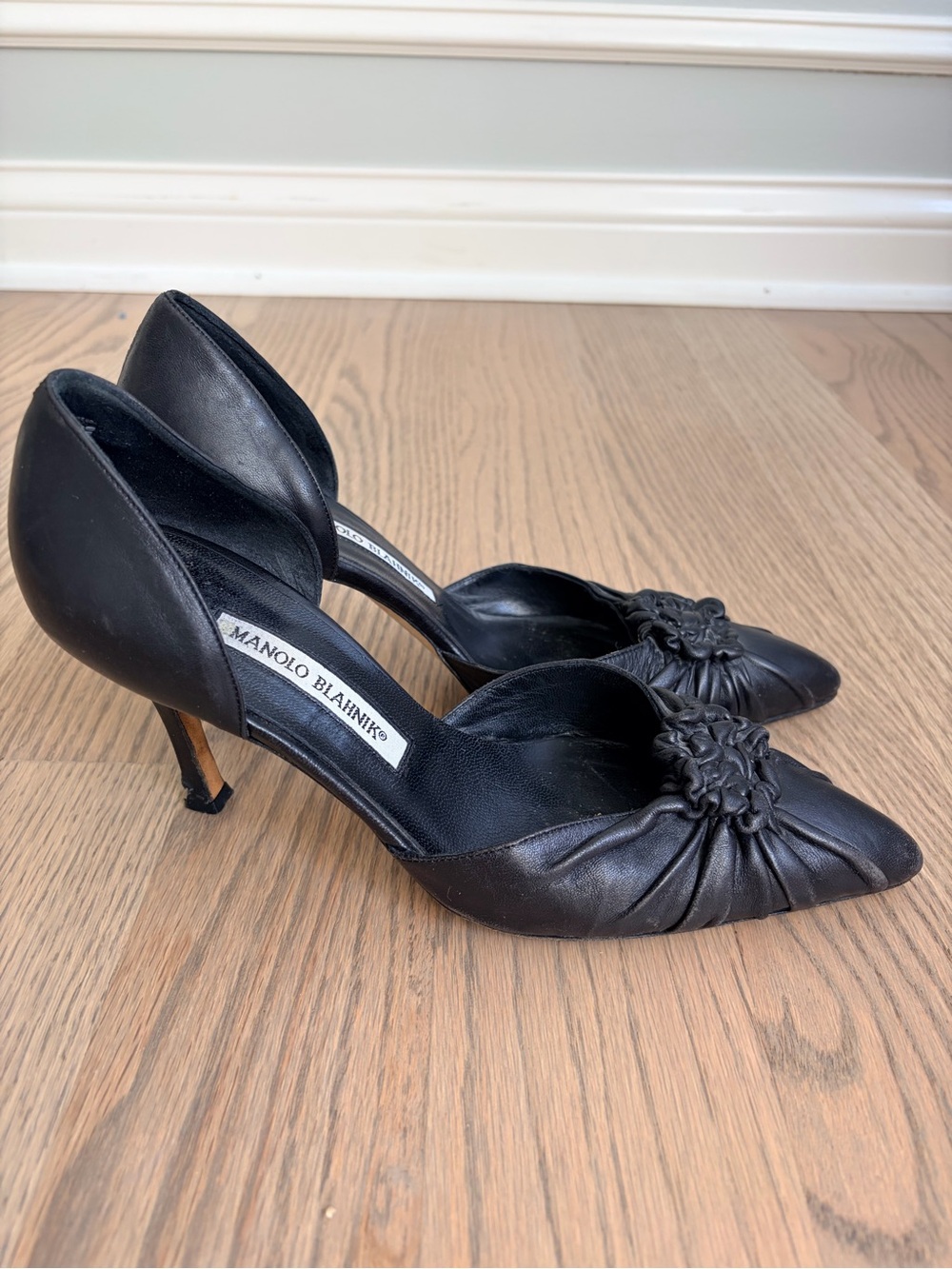 Manolo Blahnik D’Orsay Black Leather Pumps Floral Appliqué Detail